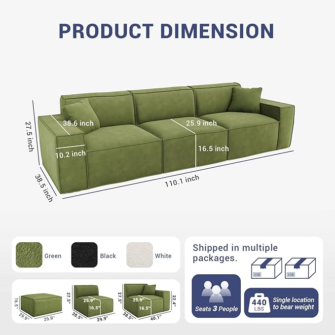 110" Cloud Sectional Couch, Chenille Boneless Couch 3 Seater with Deep Seats & Wide Armrests, Comfy Modular Sectional Sofa Memory Foam Compression Floor Sofa for Living Room, No Assembly Required