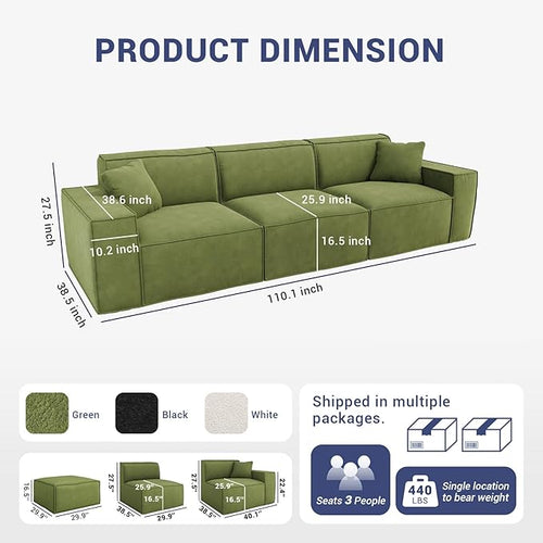 110" Cloud Sectional Couch, Chenille Boneless Couch 3 Seater with Deep Seats & Wide Armrests, Comfy Modular Sectional Sofa Memory Foam Compression Floor Sofa for Living Room, No Assembly Required