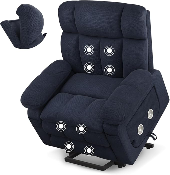Dual Motor Power Lift Recliner Chair for Elderly with Adjustable Headrest,Extra Wide Recliner Chair with Massage,Lay Flat Recliner with Extended Footrest,Cup holder,Storebox,USB&Type-C Ports,Navy Blue
