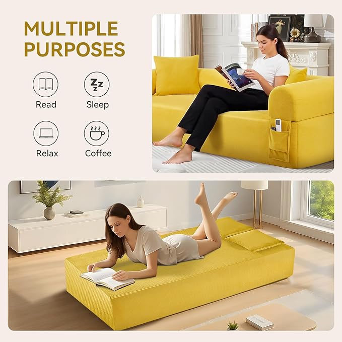 83" Boneless Couch, 3 Seater Sofa with 2 Matching Pillows Compact Corduroy Couches for Living Room Side Storage Pockets, Floor Sofa with Removable Armrests, No Assembly Required, Yellow