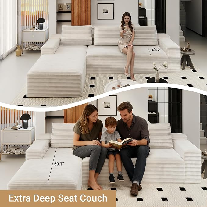 KAPEETOO Cloud Modular Sectional Sofa with Chaise Longue, Giant L Shaped Sectional Couch with Deep Seat, Oversize 3-Seater Boneless Couch for Living Room Bedroom Left Facing Chaise (White)