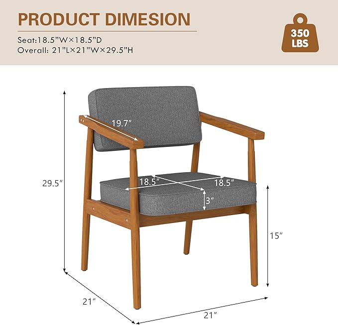 LSSPAID Mid Century Dining Chairs Set of 2, Grey Fabric Upholstered with Walnut Finished Handrails Comfy Backrest, Farmhouse Dining Room Chairs for Kitchen, Living Space & Restaurant