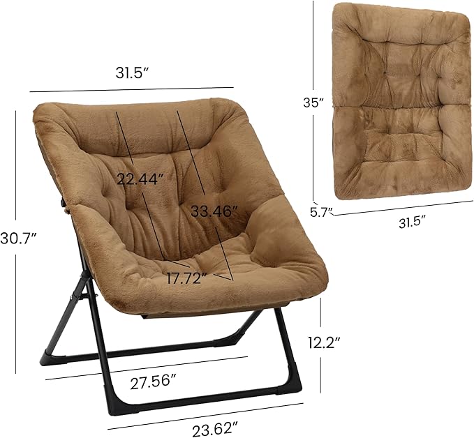 Comfy Saucer Chair for Adults, Soft Faux Fur Bedroom Chair, Accent Dorm Chairs, Flexible Living Room Reading Chairs, Oversized Folding Lounge Seat for Teens, X-Large, Brown