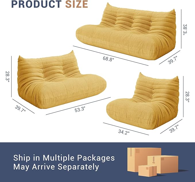 Fireside Chair Corner Bean Bag Chair for Adults, Modern Corduroy Fabric Caterpillar Sofa Couch, Lazy Floor Sofa Armless Foam Couch Lounger Tatami Recliner for Living Room Bedroom Dorm Office