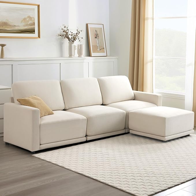 CAPCAPA 112" Modular Sectional Couches for Living Room, L-Shaped Modern Sofa with Ottoman, 4-Piece Chenille Sofa Set for Home Furniture, Beige