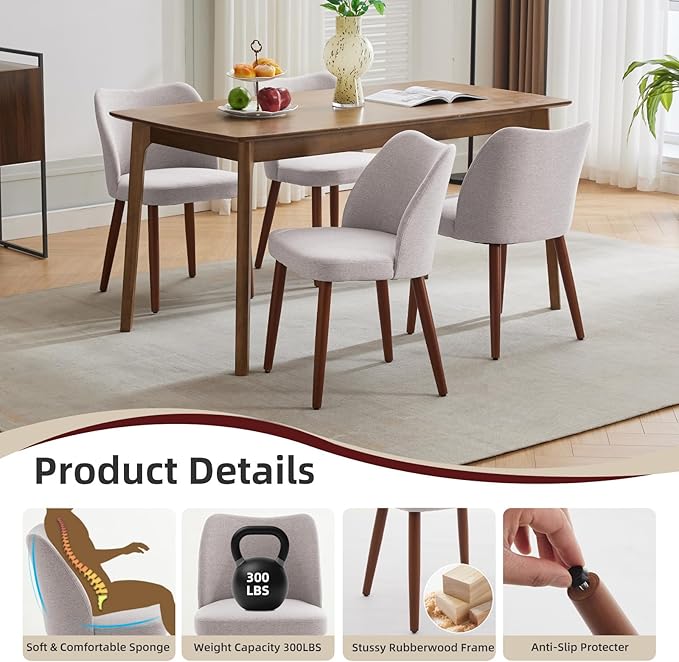 ElfinAura Dining Chair Set of 2, Linen Upholstered Dining Chair with Wood Legs, Wing Backrest, Wooden Kitchen Chair, Kitchen Chairs with Thick Cushions for Dining Room, Living Room, Light Grey