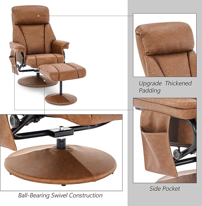 MCombo Swivel Recliner with Ottoman, TV Chair with Vibration Massage, Ideal for RV Small Space, Living Room & Bedroom 4539 4828 (Faux Leather, Saddle)