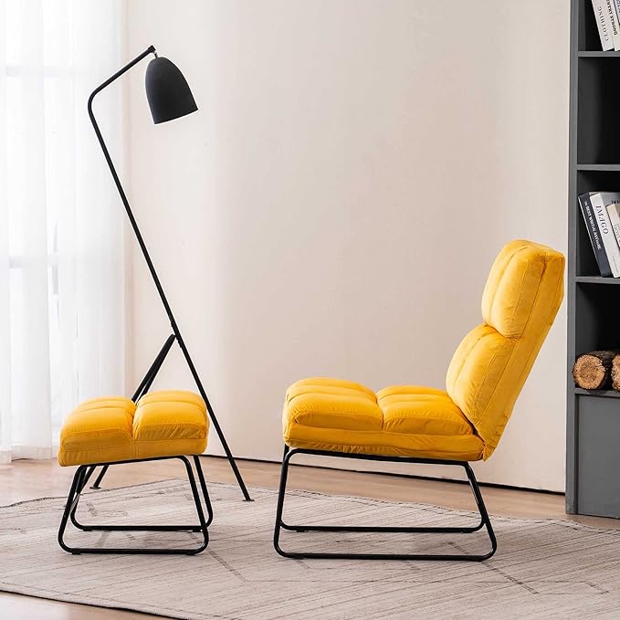 MCombo Velvet Accent Chair with Ottoman Set, Modern Armless Chair for Living Room, Bedroom, Small Space 0014 (Velvet, Yellow)