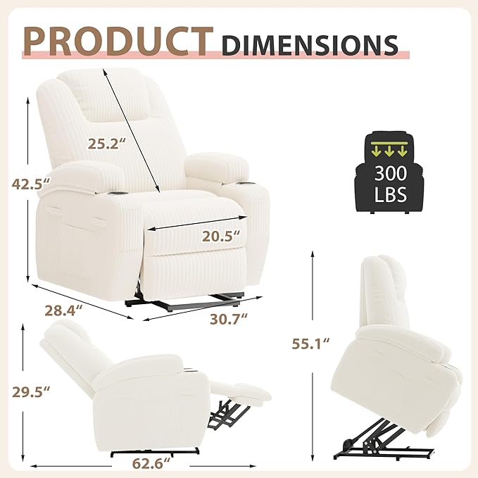 Flamaker Power Lift Chair Massage Recliner Chairs for Elderly, Corduroy Ergonomic Design with Cup Holders & Side Pockets, Remote Control (White)