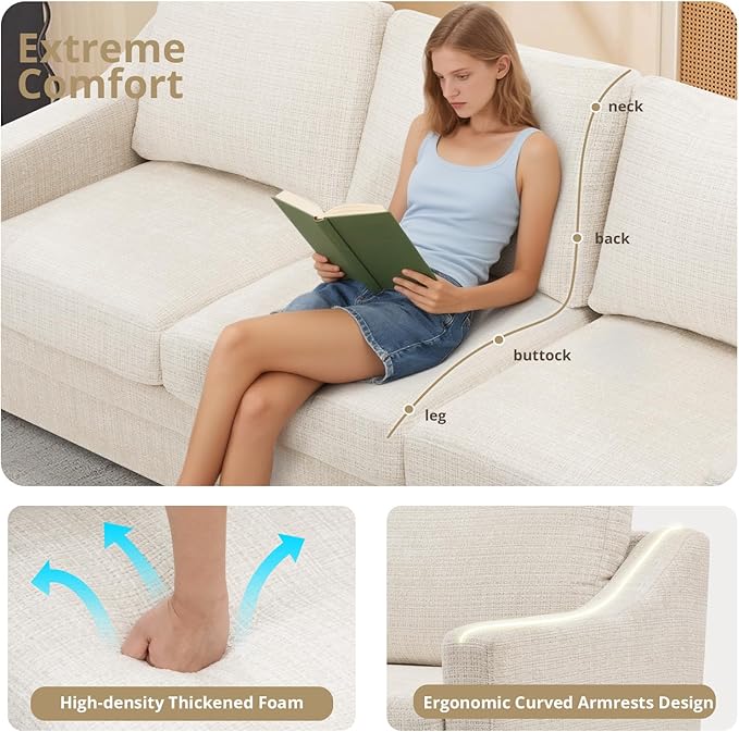 ACMEASE 83 Inches Chenille 3-Seat Sofa w/Comfortable Back Cushions, Modern Sofa w/Deep Seat Space, Upholstered 3 Seater Couch w/High Resiliency Foam for Living Room, Beige