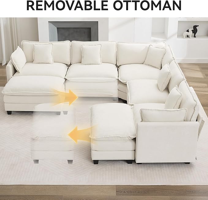 113'' V Shaped Cloud Sectional Sofa, Oversized Deep Seat Couches for Living Room, Chenille Comfy Upholstered Modular Sectional Sofa Couch with 2 Movable Ottoman, Beige
