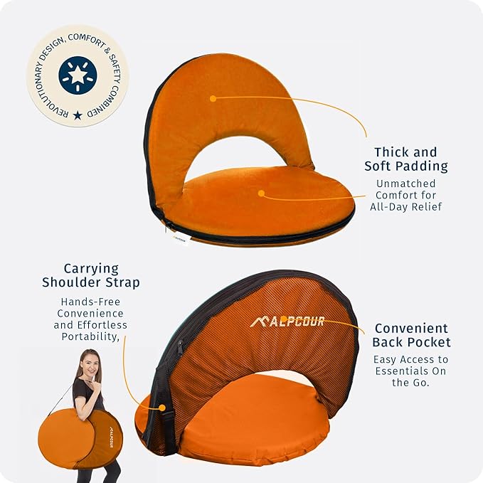 Alpcour Folding Stadium Seat – Deluxe Outdoor Camping Reclining Waterproof Cushion Chair for Bleachers – Best 6-Position Back Support Picnic Bleacher Seats w/Extra Thick Padding for Support & Comfort