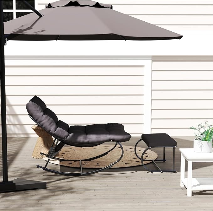 DAYAOUTDOOR 2 Piece Outdoor Rocking Chairs with Ottoman, Patio Oversized Rocking Egg Chair with Cushion, Papasan Chair Set of 2 for Outside, Outdoor Padded Chairs, Grey