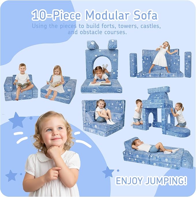 MeMoreCool Kids Modular Couch – 10-Piece Set, Fold-Out Sofa for Boys & Girls, Glow-in-The-Dark Space Theme Convertible Fort Builder | Washable Cover | Ideal for Playroom, Bedroom