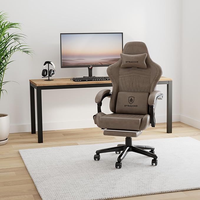 GTPLAYER Gaming Chair with Speakers, Video Game Chairs with Footrest, PC Gamer Chairs for Adults - Padded High Back Ergonomic Reclining Silla Gamer, Linkage Armrest, Ace Pro, Light Brown