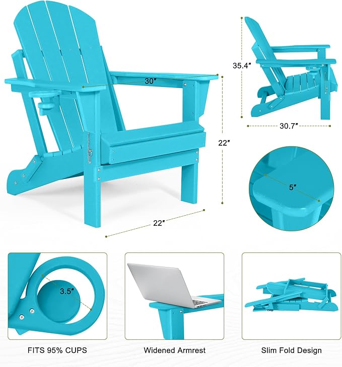 Folding Adirondack Chairs Set of 6- Plastic Adirondack Chairs with Cup Holder, Weather Resistant for Outdoor, Patio, Lawn, Garden, Backyard Deck, Fire Pit - Turquoise