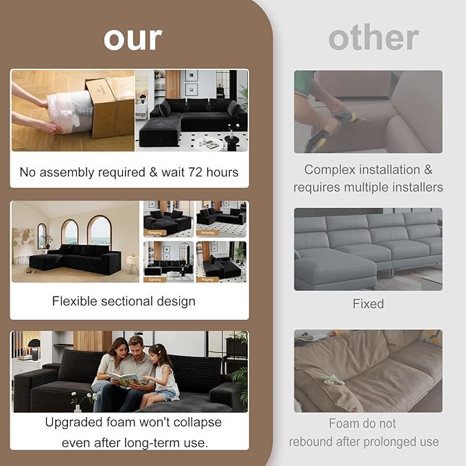 KAPEETOO Modular Sectional Sofa Cloud Couch with Chaise Longue, Left L Shaped Boneless Couch with Deep Seat, Oversize 3-Seater Sofa L Shaped Set for Living Room Bedroom (Black)