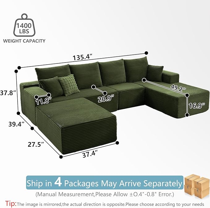 135.4" W Cloud Sectional Couch with Ottoman,Modern U-Shaped Cloud Couch with Deep Seat,Comfy Corduroy 4-Seater Sofa,Memory Foam Sofa for Living Room,No Assembly (Green,Right-Facing Chaise)