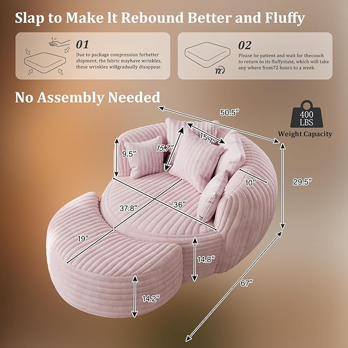 50" W Oversized Round Chaise Lounge Chair with Ottoman Indoor Boneless Plush Fluffy Corduroy Circle Couch Soft Comfy Cozy Cloud Reading Chair for Living Room, Playroom, Bedroom - Pink