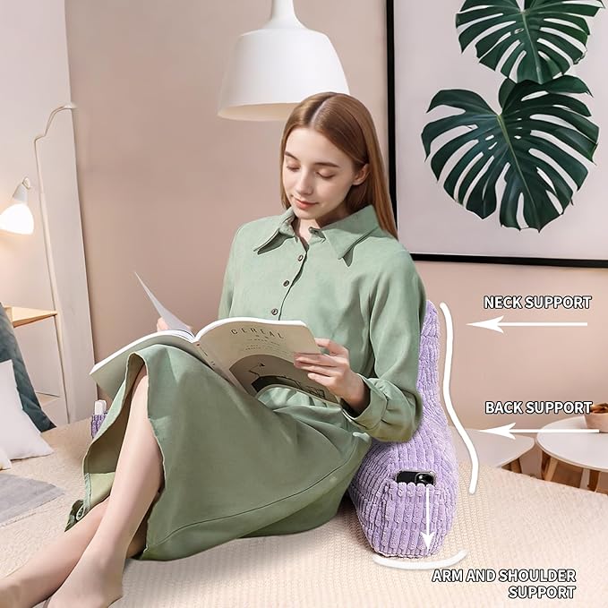 PAJEO Reading Pillow for Sitting in Bed, Large Backrest Reading Pillow with Arm Rest,Back-Rest Support Cushion for Sit Up on Couch, Sofa, and Floor (Light Purple Corduroy, Standard(17"))