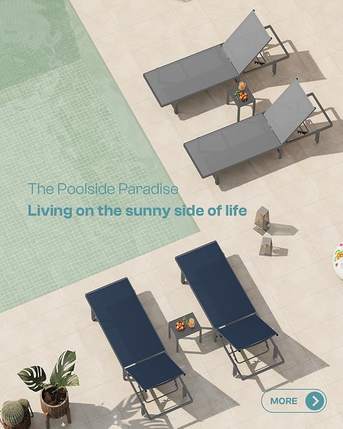 Pool Lounge Chairs, Chaise Lounge Outdoor with Wheels and 5-Position Recliner -Easy to Move- Aluminum Patio Lounge Chair for Poolside, Deck (Navyblue)