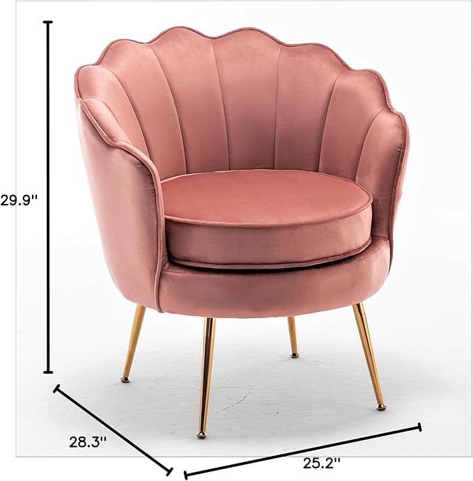 Container Furniture Direct Velvet Barrel Accent Chair with Scalloped Silhouette and Gold Metal Legs, Decorative Piece Suitable for Traditional, Modern, and Contemporary Spaces, Rose