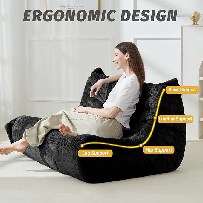 Homguava Bean Bag Chair, Giant Beanbag Chairs for Adults, Memory Foam Fireside Chair, Large Lazy Floor Sofa, Sofa Couch with High-Rebound Foam, Lounge Chair for Living Room, Bedroom (Black, Loveseat)
