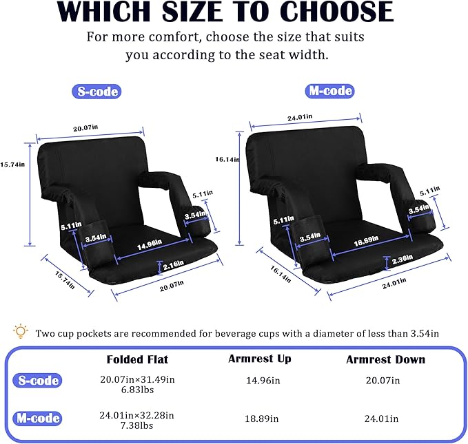 Anmiro Stadium Seats with Back Support Bleacher Chairs with Back and Extra Wide Cushion Thick Padded Bleacher Portable Reclining Seats for Football, Baseball and Basketball (Black, Medium)