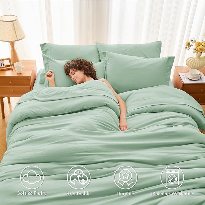 MUXHOMO 7 Pieces Queen Comforter Set, Soft Bed in a Bag Queen Size, All Season Bedding Set with Comforter, Flat Sheet, Fitted Sheet, Pillowcases & Shams, Sage Green