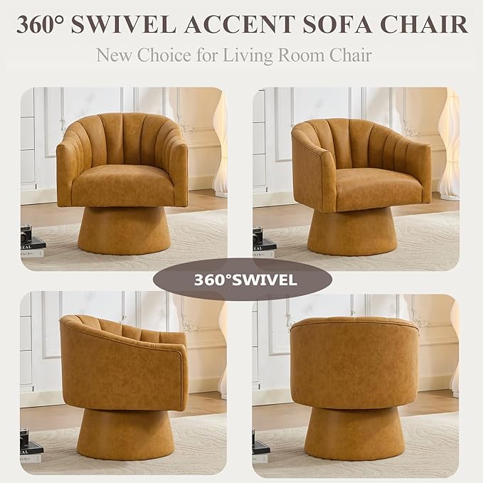 Swivel Accent Chair Set of 2,Faux Leather 360°Swivel Barrel Chair Upholstered Modern Living Room Chair, Overstuffed Reading Armchair for Bedroom,Vanity,Office-Mustard