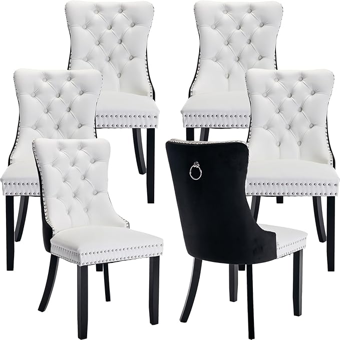 YeahFurn Modern Dining Chairs Set of 6, Tufted Upholstered Dining Room Chairs with Nailhead, PU Leather Front & Velvet Back, Solid Wood Legs, Kitchen Chairs, Sillas de Comedor (White & Black)