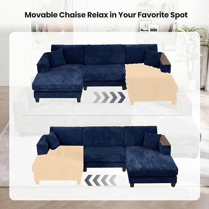FurniMix 4-Seat Corduroy Sectional Sofa with Swappable Chaise, Soft Upholstery, Wide Seats & Armrest Storage,Blue