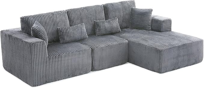 HYJT-H&K Modular Sectional Sofa Cloud Sectional Couch, 107" Comfy Fluffy L Shaped Dark Grey Couches for Living Room, Deep Seat Memory Foam Plush Corduroy Boneless Couch Sectionals Right Facing Chaise