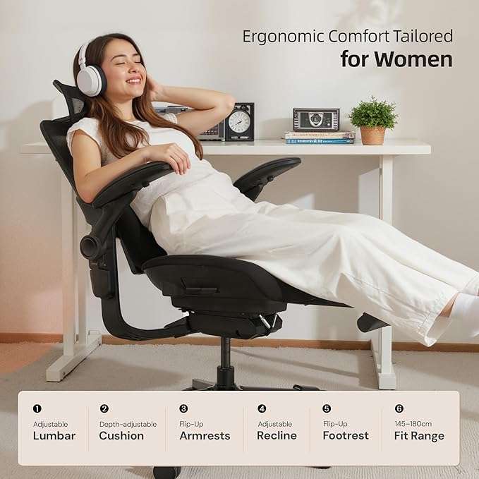 CabLady S2 Petite Ergonomic Office Chair for Women, Small Frame Desk Chair with Adjustable Lumbar, Headrest & Footrest, Space-Saving Flip-Up Armrests