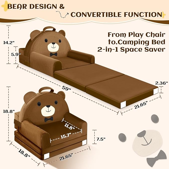 ORWIPO Kids Sofa Bed with Removable Washable Cover & Magic-Tape Backrest – Foldable Toddler Chair, Cozy Crystal Velvet Furniture for Playtime, Naps & Travel (Soft Brown, Bear Design)