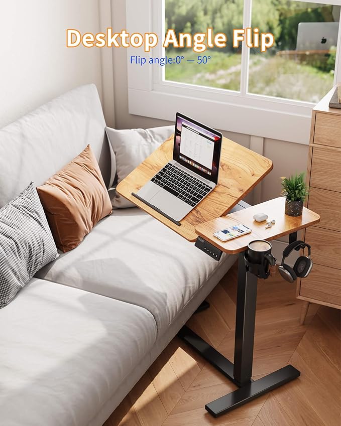 YIHAYO Adjustable Overbed Bedside Table with Wheels, 28 x 16 Inches Electric Mobile Standing Desk, Laptop Desk, Movable Overbed Tables Hospital Home Use, Rustic Brown