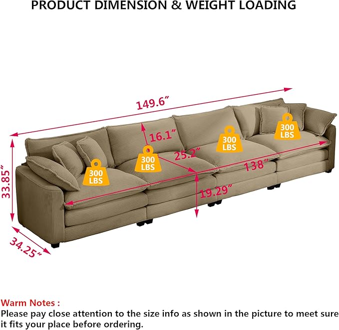 Aoowow Corduroy 4 Seater Sofa Couch,Modern Large Cloud Couches for Living Room,Tufted Modular Sectional Cloud Sofas with Deep Seat,Oversized 4 Seat Sofa Set. (Tan, 4 Seater)