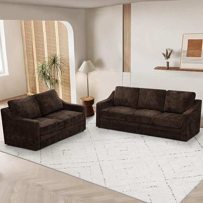 ACMEASE 2 Pieces Chenille Sofa Sets w/Comfortable Back Cushions, Modern Loveseat & Sofa w/Deep Seat Space, Upholstered 2 Seat & 3 Seats Couch Sets w/High Resiliency Foam for Living Room, Office Brown