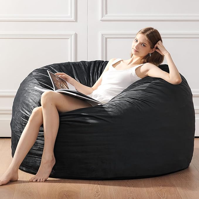 Bean Bag Chairs for Adults - Memory Foam Furniture BeanBag Chair - Kids/Teens Sofa with Soft Micro Fiber Cover - Round Fluffy Couch for Living Room Bedroom College Dorm - 4 ft, Carbon Black