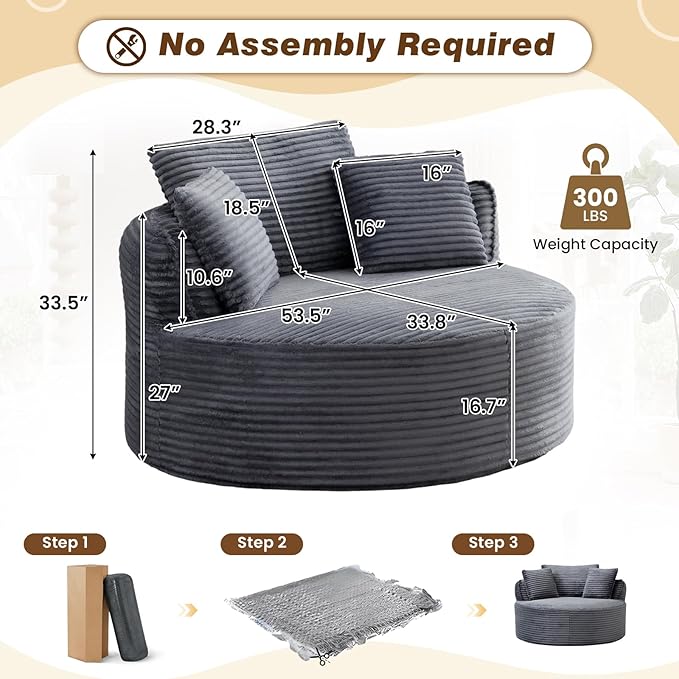 53"W Oversized Round Chaise Longue Chair Indoor,Corduroy Fluffy Comfy Cloud Chair,Circle Bean Bag Sofa with Foam Filling & Pillows,Boneless Reading Cozy Sofa Chairs for Living Room,Bedroom,Grey