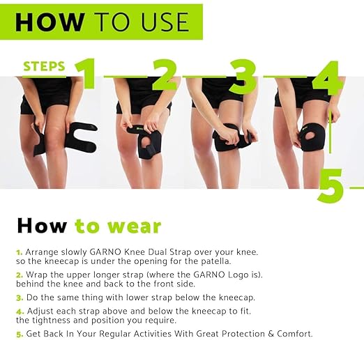 GARNO Knee Brace for Pain Relief by Meniscus Tear, MCL, Arthritis, ACL, Osgood Schlatter, Compression Patellar Tendon Support Strap for Working Out, Running, Weightlifting; Men, Women; (Large Size)