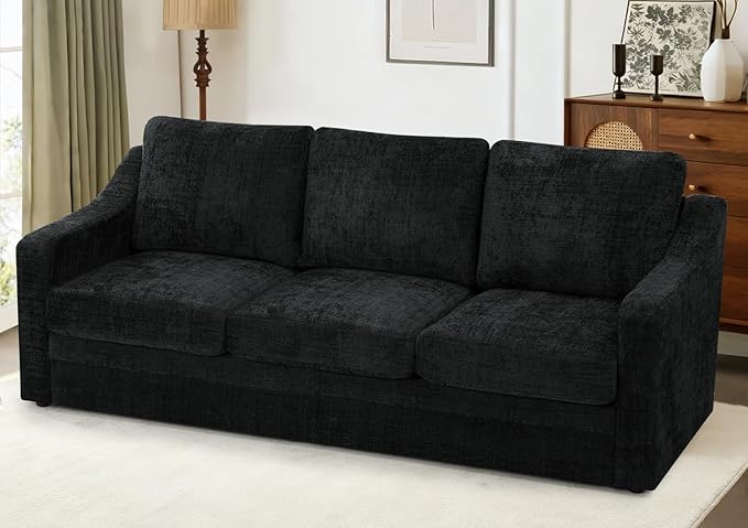 ACMEASE 83 Inches Chenille 3-Seat Sofa w/Comfortable Back Cushions, Modern Sofa w/Deep Seat Space, Upholstered 3 Seater Couch w/High Resiliency Foam for Living Room, Black