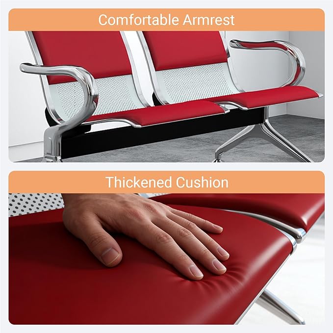Kinfant Waiting Room Chairs with Arms – Red PU Leather Back & Cushioned Seat Heavy-Duty Steel Frame, Ergonomic Office Reception Guest Chair for Lobby, Clinic, Airport