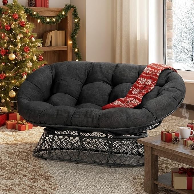 Bme Double Papasan Chair, 600lbs Capacity, Ergonomic Design, Soft Thick Fabric Cushion, Bee-Designed Base, Durable Steel Frame, 61", Onyx Stone - Black Base