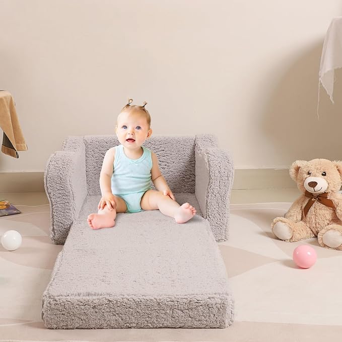 Kids Sofa, 2-in-1 Flip-Out Foam Couch with Soft Sherpa Cover, Cozy Play Lounge Chair, Grey