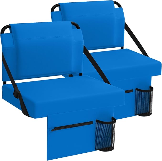 Stadium Seat 2 Pack for Bleachers with Back Support,Portable Bleacher Chairs with Back and Cushion，Blue