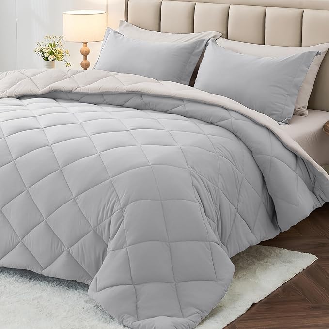 MUXHOMO 7 Pieces King Comforter Set, Reversible Bed in a Bag King Size, All Season Bedding Set with Comforter, Flat Sheet, Fitted Sheet, Pillowcases & Shams, Light Grey & Beige