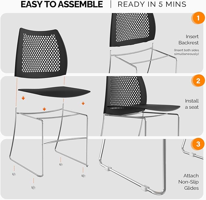 VINGLI Stacking Chairs Set of 5 Stackable Office Chairs with Metal Sled Base, Ergonomic Plastic Seat & Holes Back, Stacking Chairs for Waiting Room Break Room Banquet Guest, Black