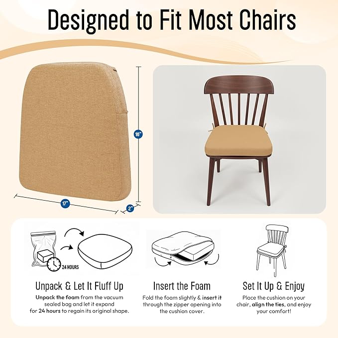 D-Shaped Indoor Chair Cushions 17" x 16" for Kitchen & Dining Chairs – 2'' Thick Seat Pads with Ties & Non-Slip Backing, High-Density Foam, Machine-Washable Covers, Set of 4 with Chair Leg Pads, Khaki