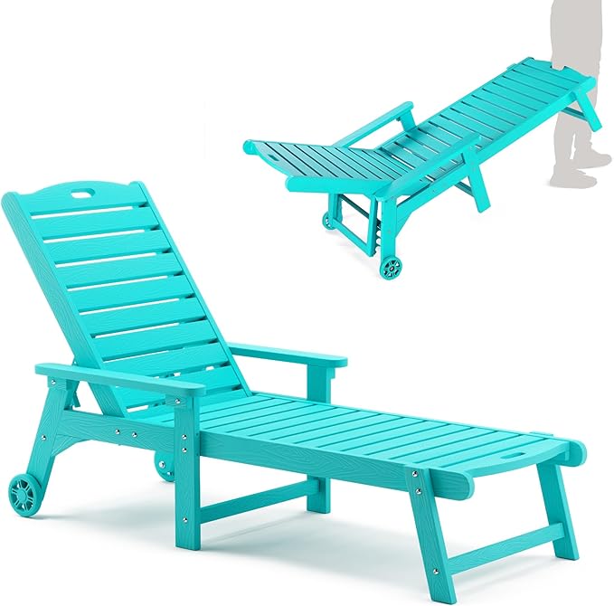LUE BONA Outdoor Chaise Lounge, HDPS Chaise Lounger, 5 Positions Adjustable Lounge Chairs, Pool Lounge Chair with Wheels for Poolside, Backyard, Aruba Blue